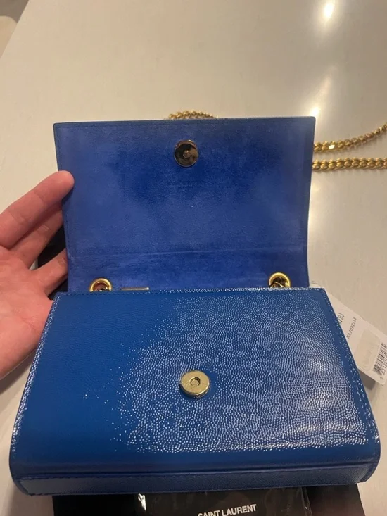 Saint Laurent YSL Bleu Majorelle Blue Patent Leather Monogram Chain Bag Clutch - Picture 5 of 9